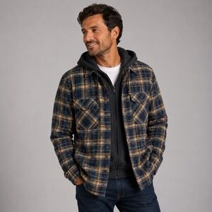 Eddie Bauer Mens Hooded Shacket Navy Soloman Plaid Quilted Lined Flannel Jacket